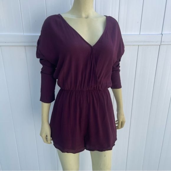 Pants - Burgundy Long Sleeve V-neck Romper with Crochet Details Size S